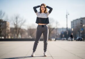 Młoda kobieta w miejskim stylu w dresowych spodniach i sneakersach na tle rozmytego miasta