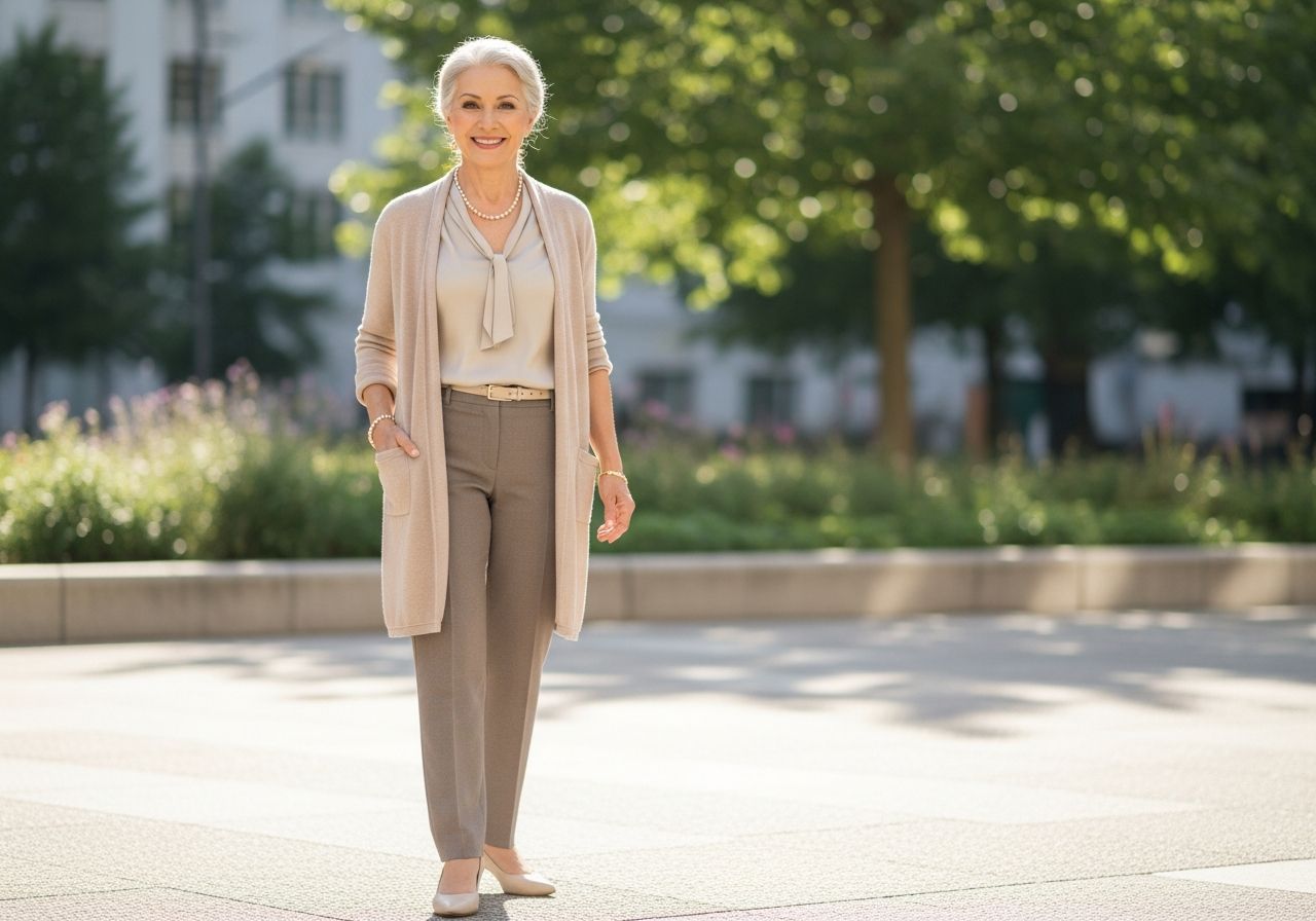 Elegancka dojrzała kobieta w stylowym ubraniu stoi na tle parku w naturalnym świetle