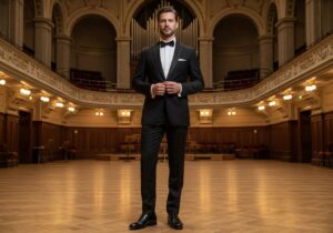 Mężczyzna w smokingu stoi w sali koncertowej filharmonii z klasyczną architekturą i drewnianymi panelami.