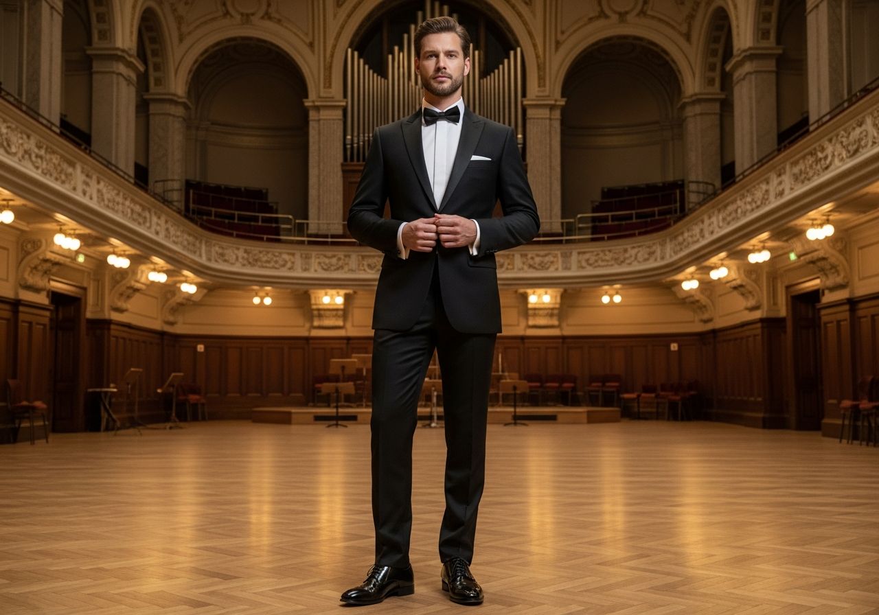 Mężczyzna w smokingu stoi w sali koncertowej filharmonii z klasyczną architekturą i drewnianymi panelami.