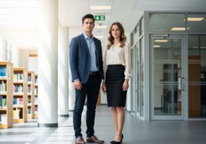 Młody mężczyzna i kobieta w smart casual stoją w nowoczesnym uniwersyteckim korytarzu przy półkach z książkami.