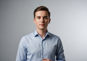 Profesjonalny młody dorosły w jednolitej koszuli na jasnym tle, patrzący prosto w obiektyw