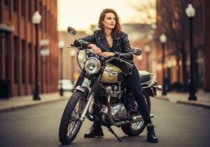 Młoda kobieta w czarnej skórzanej kurtce siedzi na motocyklu w miejskim otoczeniu o złotej godzinie