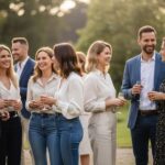 Grupa dorosłych w stylowych, casualowych ubraniach rozmawia na zewnątrz w ciepłym, naturalnym świetle