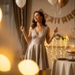 Młoda kobieta w eleganckiej sukience świętuje urodziny przy stole z tortem i dekoracjami w ciepłym wnętrzu