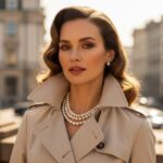 Portret eleganckiej kobiety w beżowym trenczu i perłowym naszyjniku na tle miejskiej architektury.