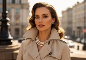 Portret eleganckiej kobiety w beżowym trenczu i perłowym naszyjniku na tle miejskiej architektury.