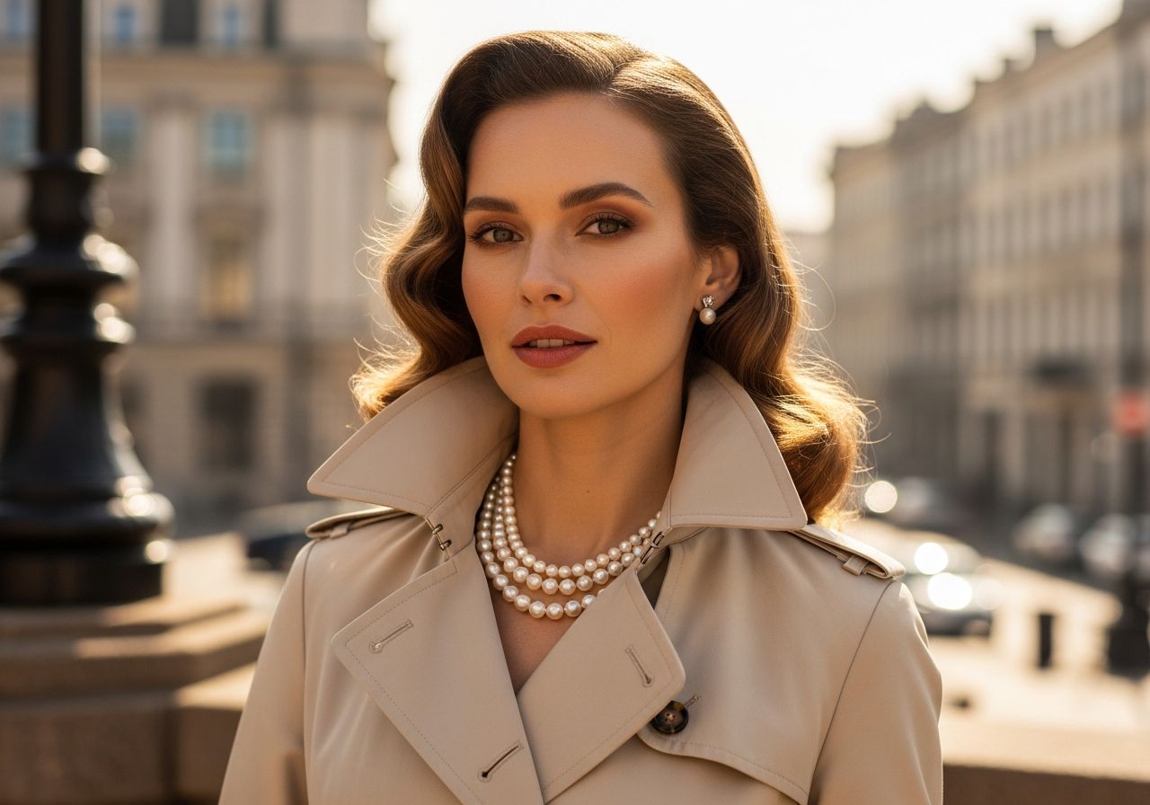Portret eleganckiej kobiety w beżowym trenczu i perłowym naszyjniku na tle miejskiej architektury.