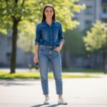Młoda kobieta w dżinsowej koszuli i jasnych jeansach stoi na tle miejskiego parku, trzymając okulary przeciwsłoneczne.