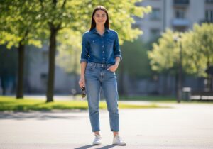 Młoda kobieta w dżinsowej koszuli i jasnych jeansach stoi na tle miejskiego parku, trzymając okulary przeciwsłoneczne.