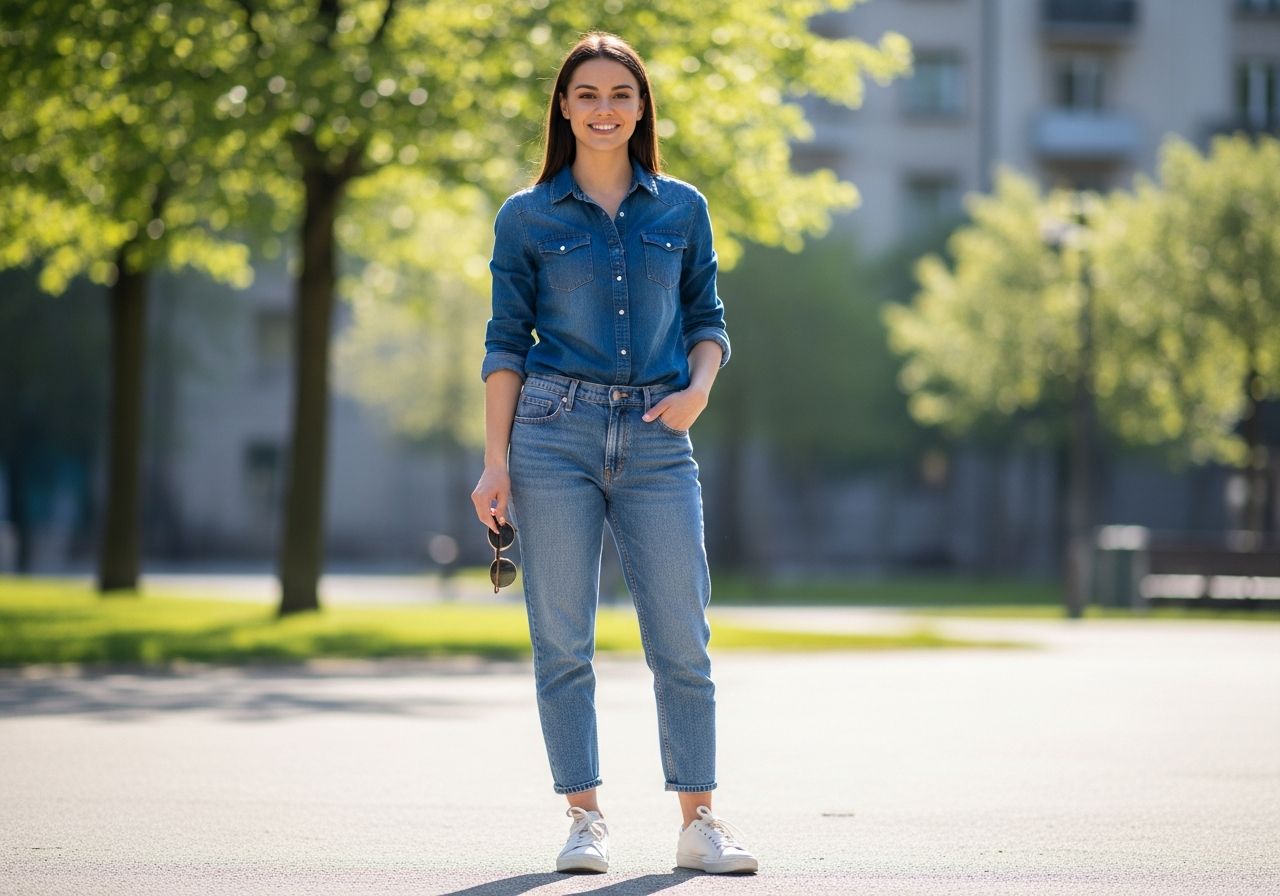 Młoda kobieta w dżinsowej koszuli i jasnych jeansach stoi na tle miejskiego parku, trzymając okulary przeciwsłoneczne.