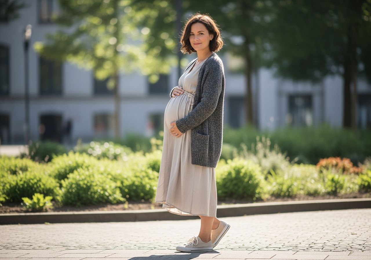 Stylowa kobieta w ciąży w wygodnej sukience i kardiganie stoi na tle rozmytej zieleni w parku.