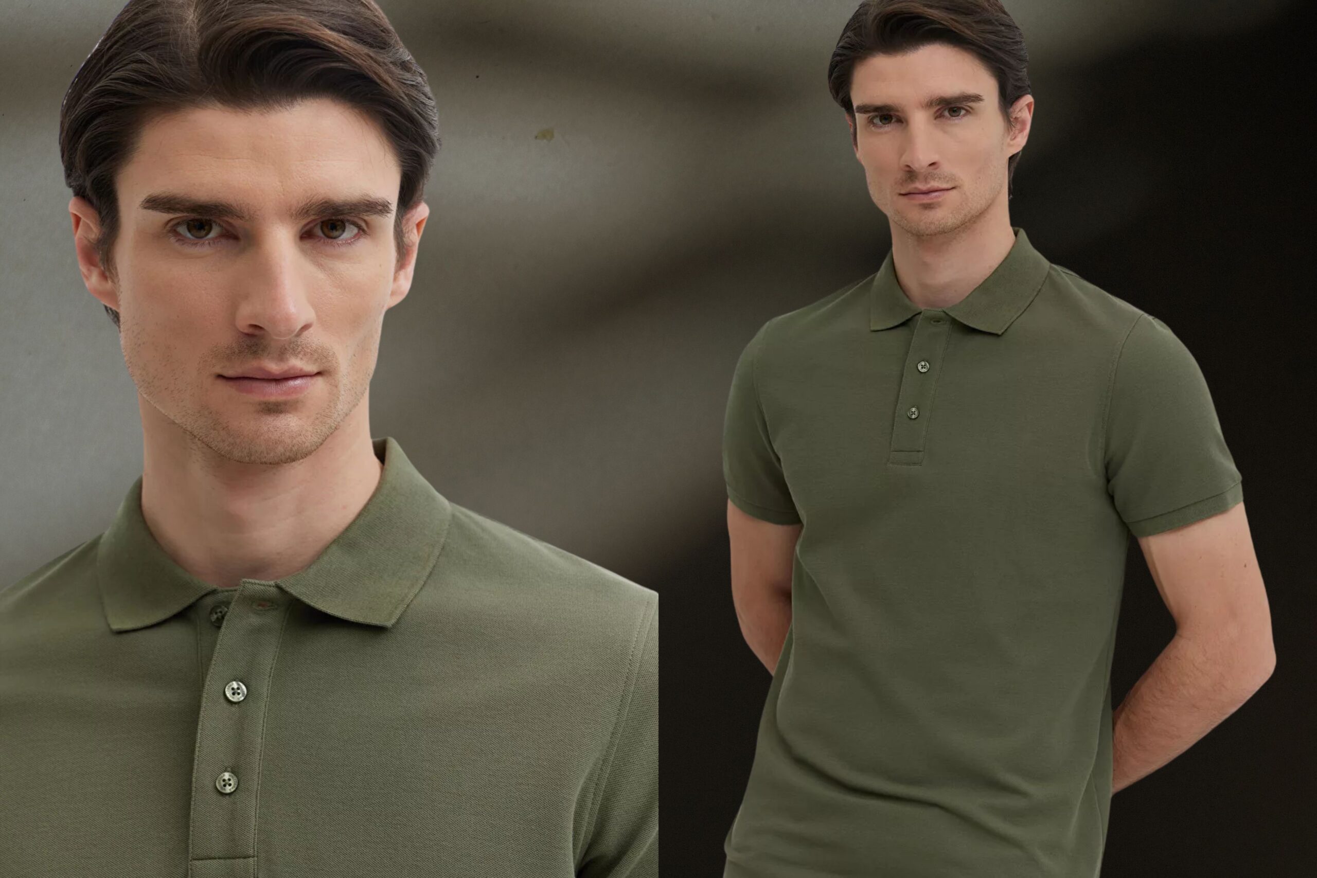 mężczyzna w oliwkowym T-shircie