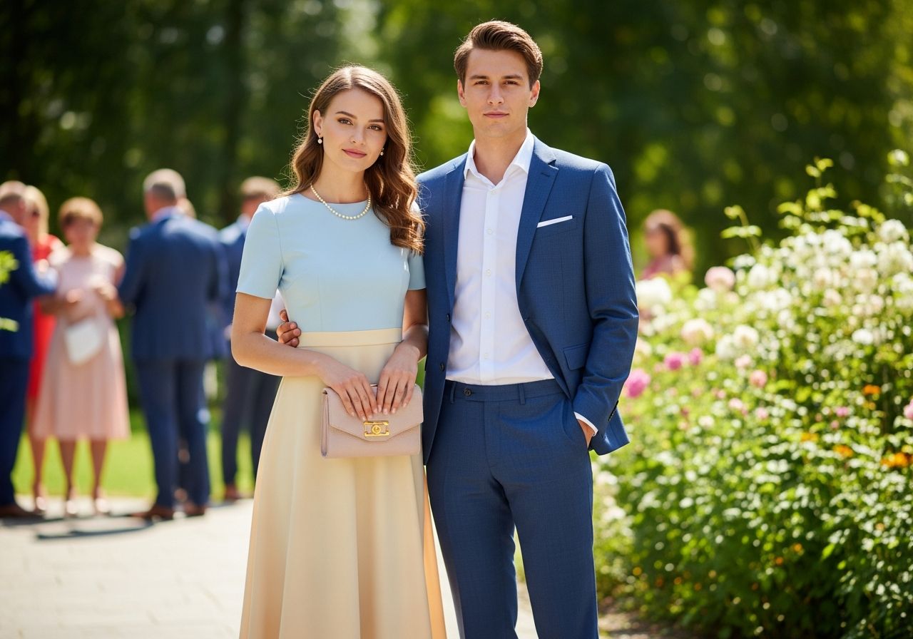 Młoda para w eleganckich strojach na letnim weselu w ogrodzie, wśród gości i kwiatów.