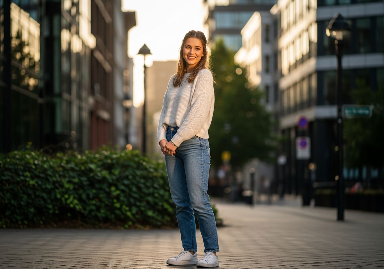 Młoda kobieta w swetrze, jeansach i sneakersach na ulicy miasta z nowoczesnymi budynkami i zielenią.