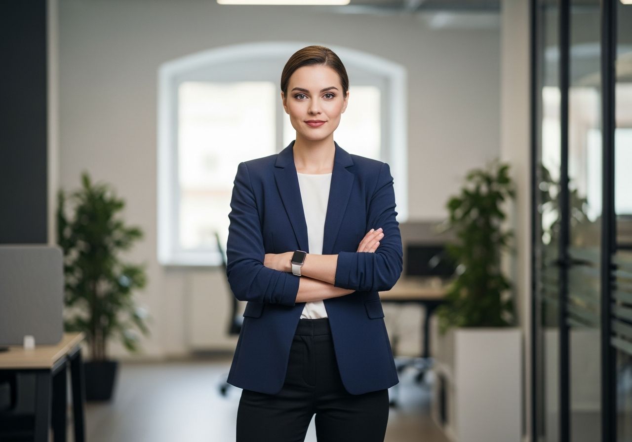 Młoda profesjonalna kobieta w marynarce stoi w nowoczesnym, rozmytym biurze z roślinami i meblami.