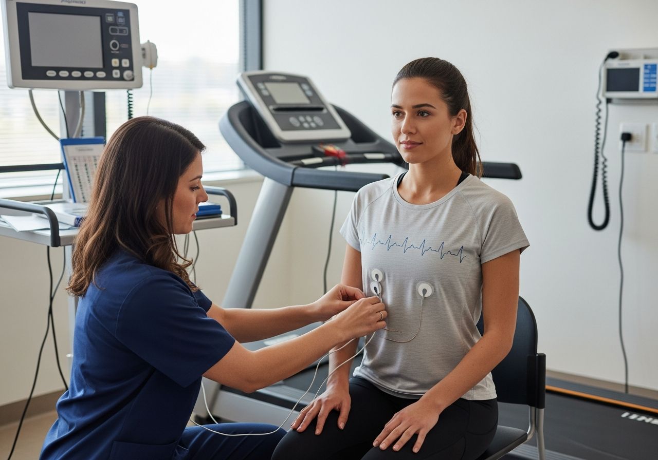 Kobieta w sportowym ubraniu przygotowuje się do testu wysiłkowego w nowoczesnej klinice medycznej.