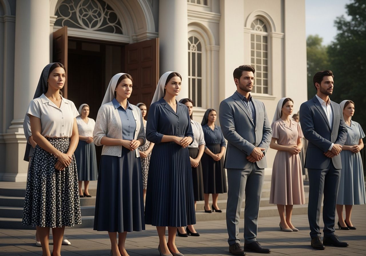 Grupa różnorodnych wiernych przed klasycznym kościołem, ubrani w eleganckie, skromne stroje.