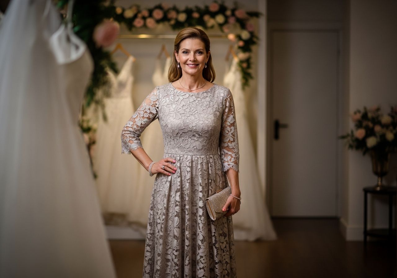Elegancka kobieta w butiku ślubnym przygotowująca się na wesele córki, trzymająca kopertówkę.