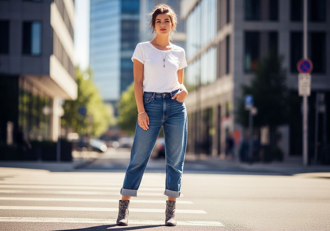 Młoda kobieta w jasnym t‑shirtie i boyfriend jeansach stoi na miejskiej ulicy, pełen kadr, naturalne światło.