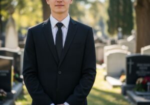 Osoba w czarnym garniturze stoi spokojnie na tle cmentarza, oddając cześć z szacunkiem.