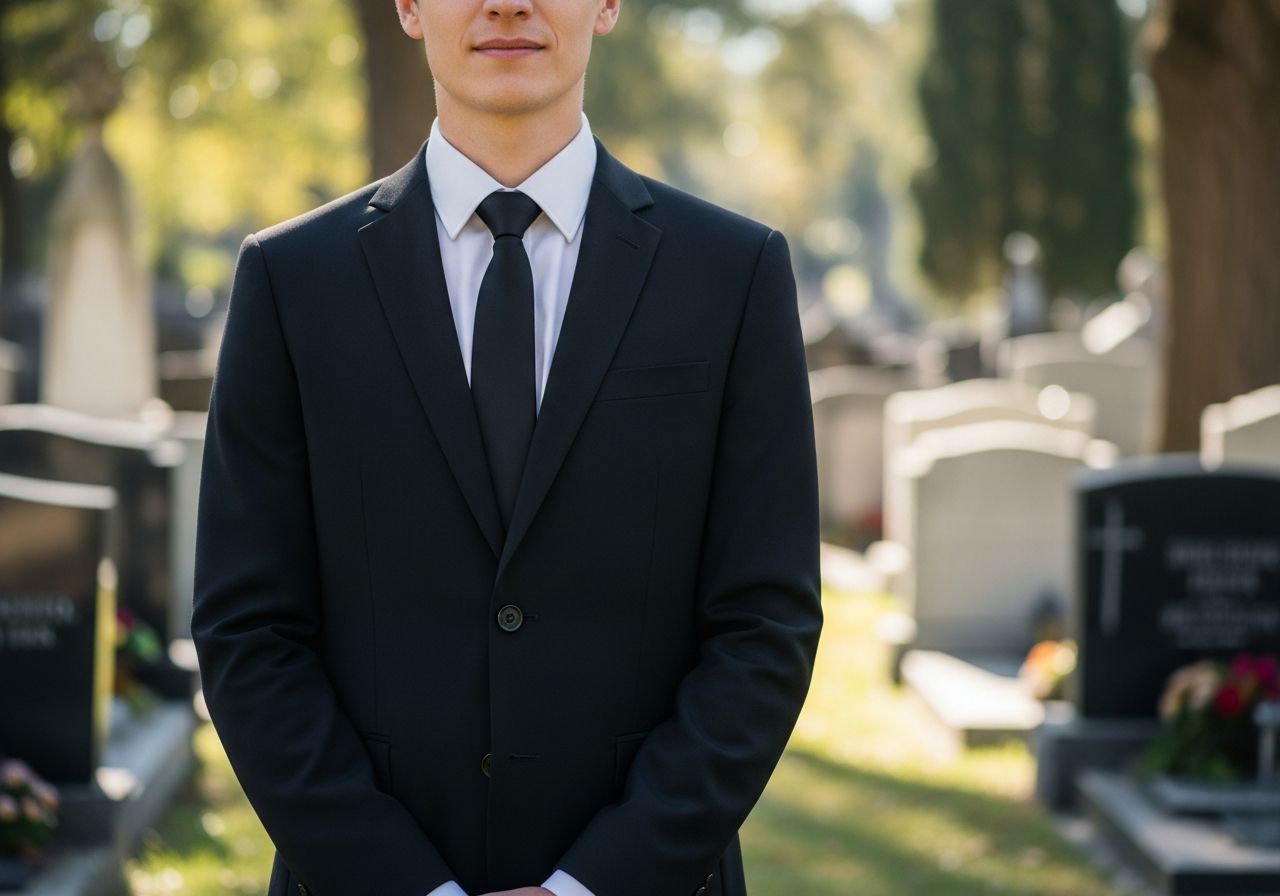 Osoba w czarnym garniturze stoi spokojnie na tle cmentarza, oddając cześć z szacunkiem.