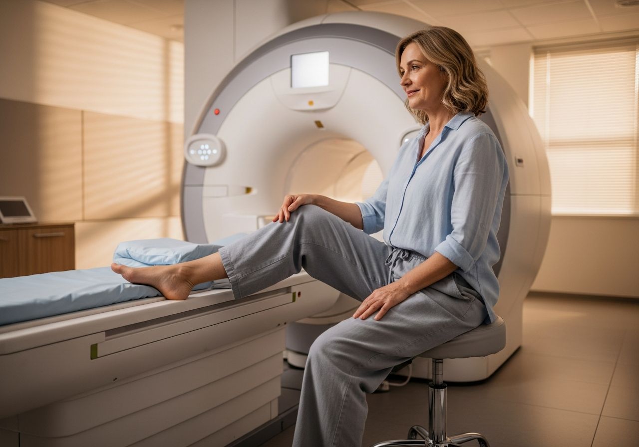 Kobieta w luźnych ubraniach przygotowująca się do rezonansu kolana w nowoczesnym pomieszczeniu MRI.