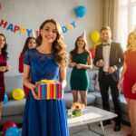 Młoda kobieta z prezentem na tle przyjęcia urodzinowego z balonami i przyjaciółmi w salonie.