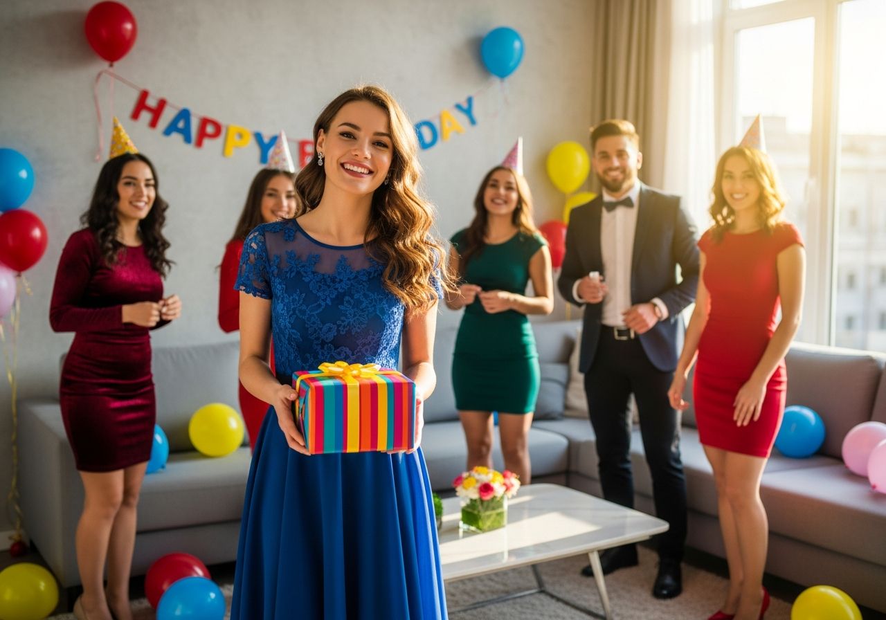 Młoda kobieta z prezentem na tle przyjęcia urodzinowego z balonami i przyjaciółmi w salonie.