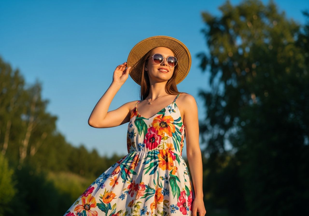Młoda kobieta w letniej sukience i kapeluszu na tle nieba i zieleni w słoneczny dzień