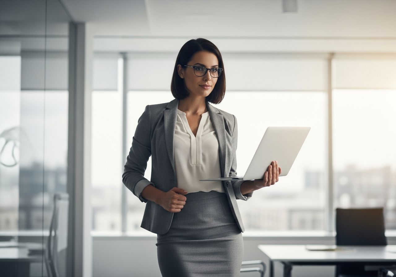 Profesjonalna bizneswoman w biurze trzymająca laptopa w smart casual, naturalne światło, realistyczne zdjęcie