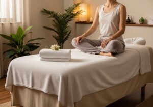 Kobieta przygotowująca się do masażu w spokojnym pomieszczeniu spa z naturalnym oświetleniem i roślinami.