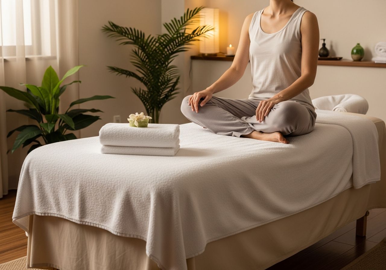 Kobieta przygotowująca się do masażu w spokojnym pomieszczeniu spa z naturalnym oświetleniem i roślinami.