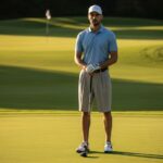 Mężczyzna w golfowym stroju stoi na polu golfowym oświetlonym ciepłym światłem przy dołku.