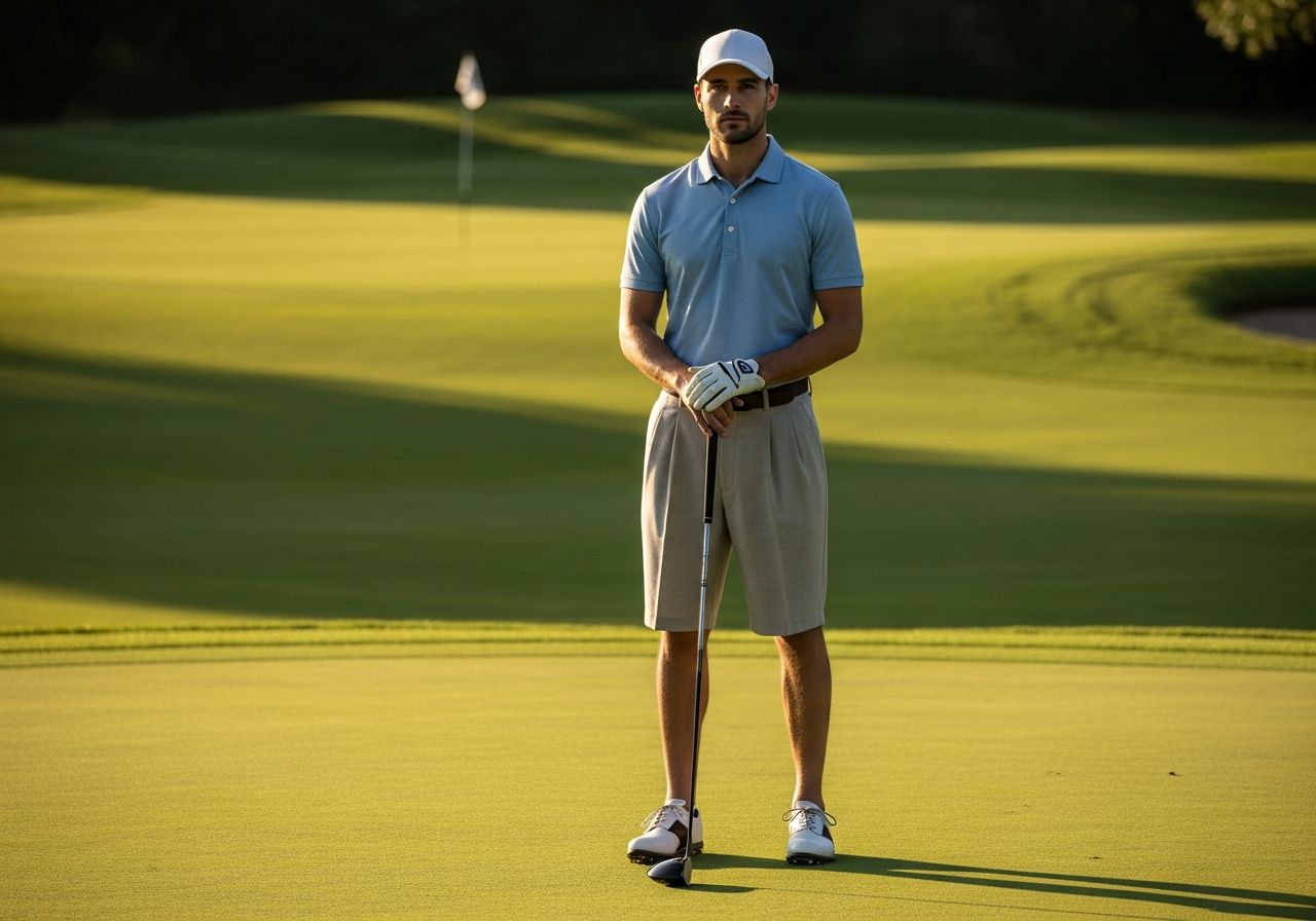 Mężczyzna w golfowym stroju stoi na polu golfowym oświetlonym ciepłym światłem przy dołku.