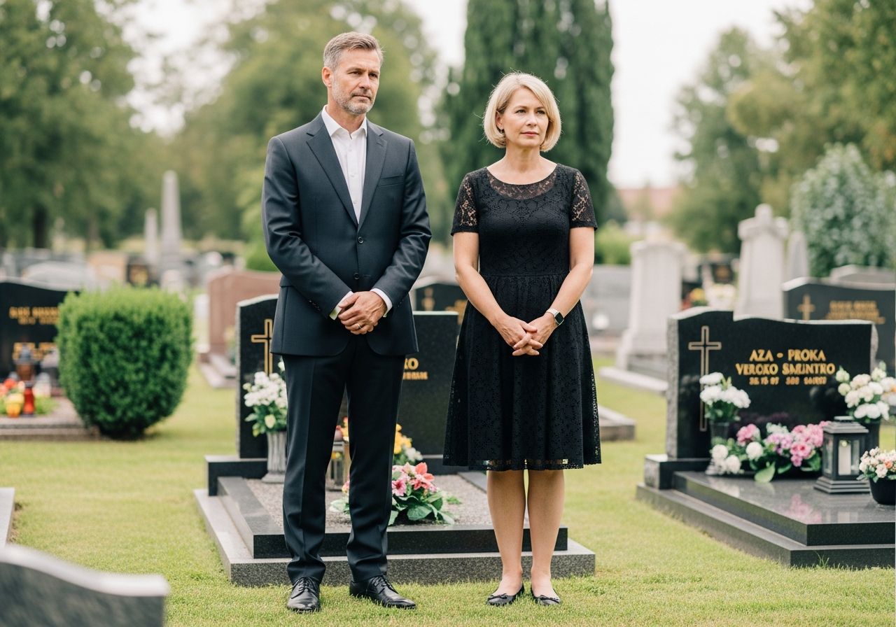 Średniowieczny mężczyzna i kobieta przy grobie na cmentarzu, wyrażający szacunek i zadumę.