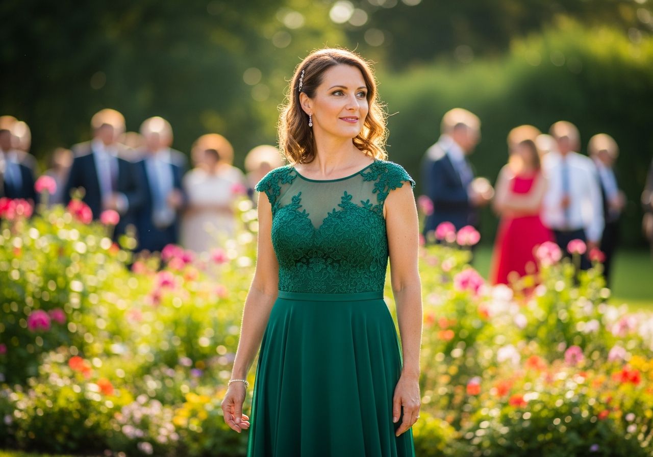 Elegancka kobieta w formalnej sukni na weselu w ogrodzie, naturalne światło, goście w tle, portret całej postaci
