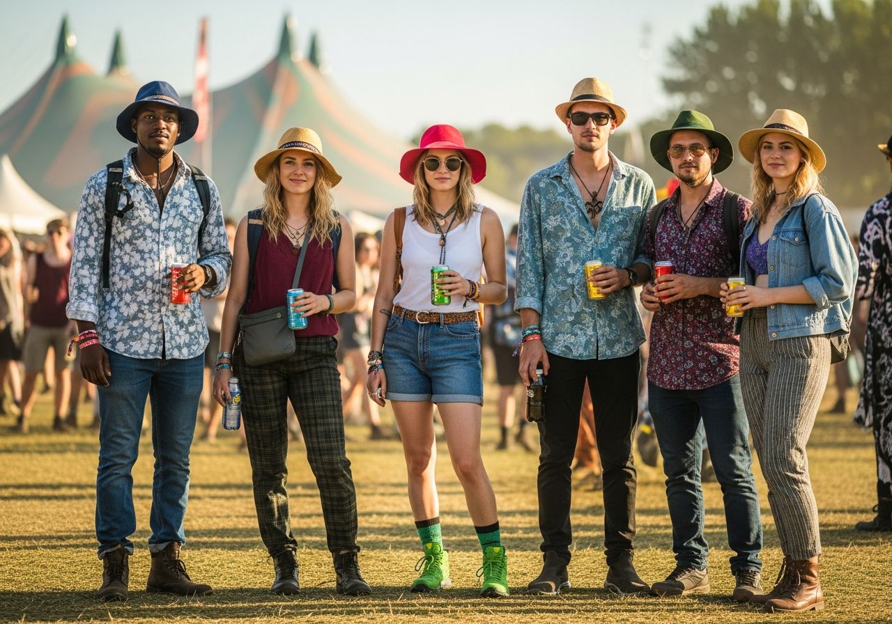 Grupa młodych osób na plenerowym festiwalu muzycznym w praktycznych strojach, z namiotami w tle.
