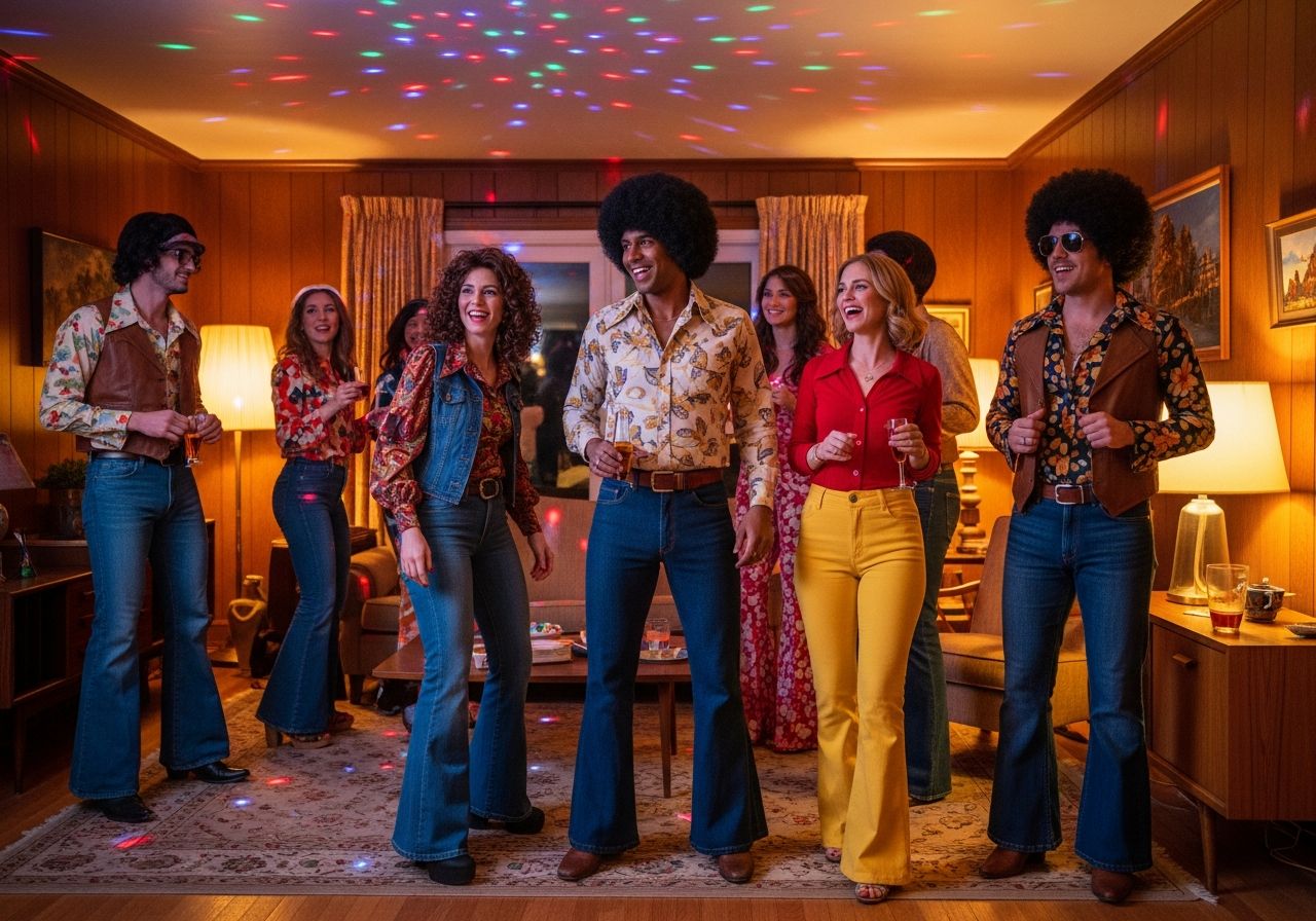 Grupa ludzi na imprezie w stylu lat 70., ubrana w modę disco, w vintage salonie z drewnianą boazerią.