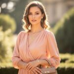 Kobieta w zwiewnej pomarańczowej sukience z biżuterią i torebką na tle zieleni w miękkim świetle