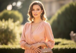 Kobieta w zwiewnej pomarańczowej sukience z biżuterią i torebką na tle zieleni w miękkim świetle