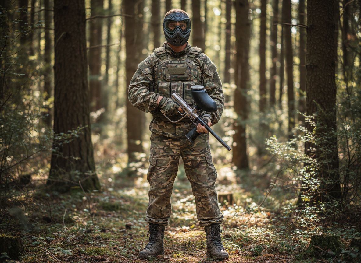 Osoba w pełnym stroju paintballowym z maską i markerem stoi w lesie na tle dziennego światła