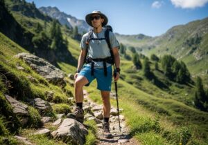 Turysta w letnim ubraniu z kijem trekkingowym na skalistej górskiej ścieżce w zielonym alpejskim otoczeniu