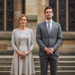 Mężczyzna i kobieta w eleganckim stroju stoją przed zabytkowym europejskim kościołem przy schodach.