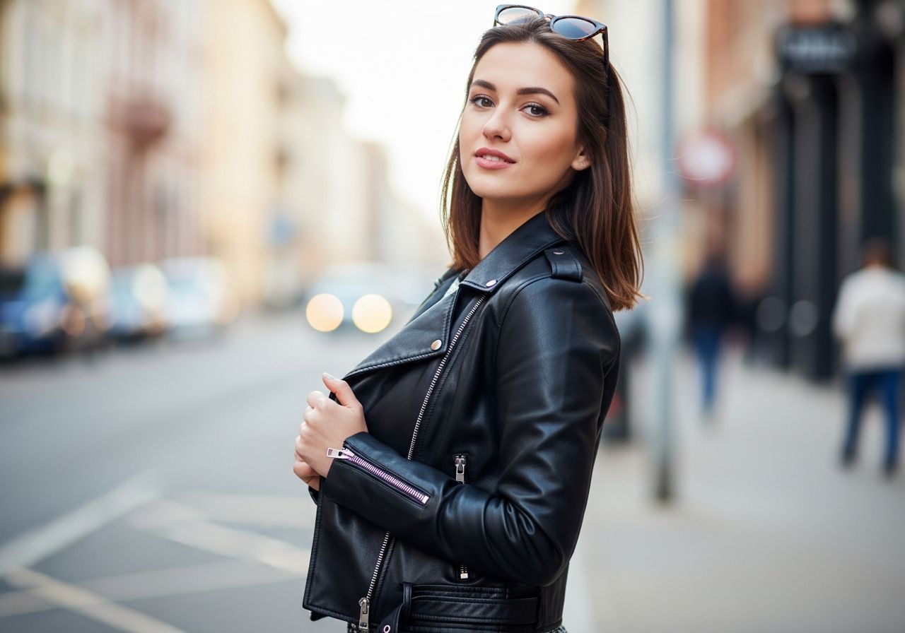 Młoda kobieta w ramonesce stoi pewnie na miejskiej ulicy w casualowym stylu.