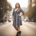 Plus size drobna kobieta w paskowanej sukience i botkach na miejskiej ulicy w naturalnym świetle.