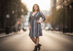 Plus size drobna kobieta w paskowanej sukience i botkach na miejskiej ulicy w naturalnym świetle.