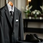 Czarny garnitur pogrzebowy na wieszaku z białą koszulą, czarnym krawatem i butami na tle eleganckiego wnętrza