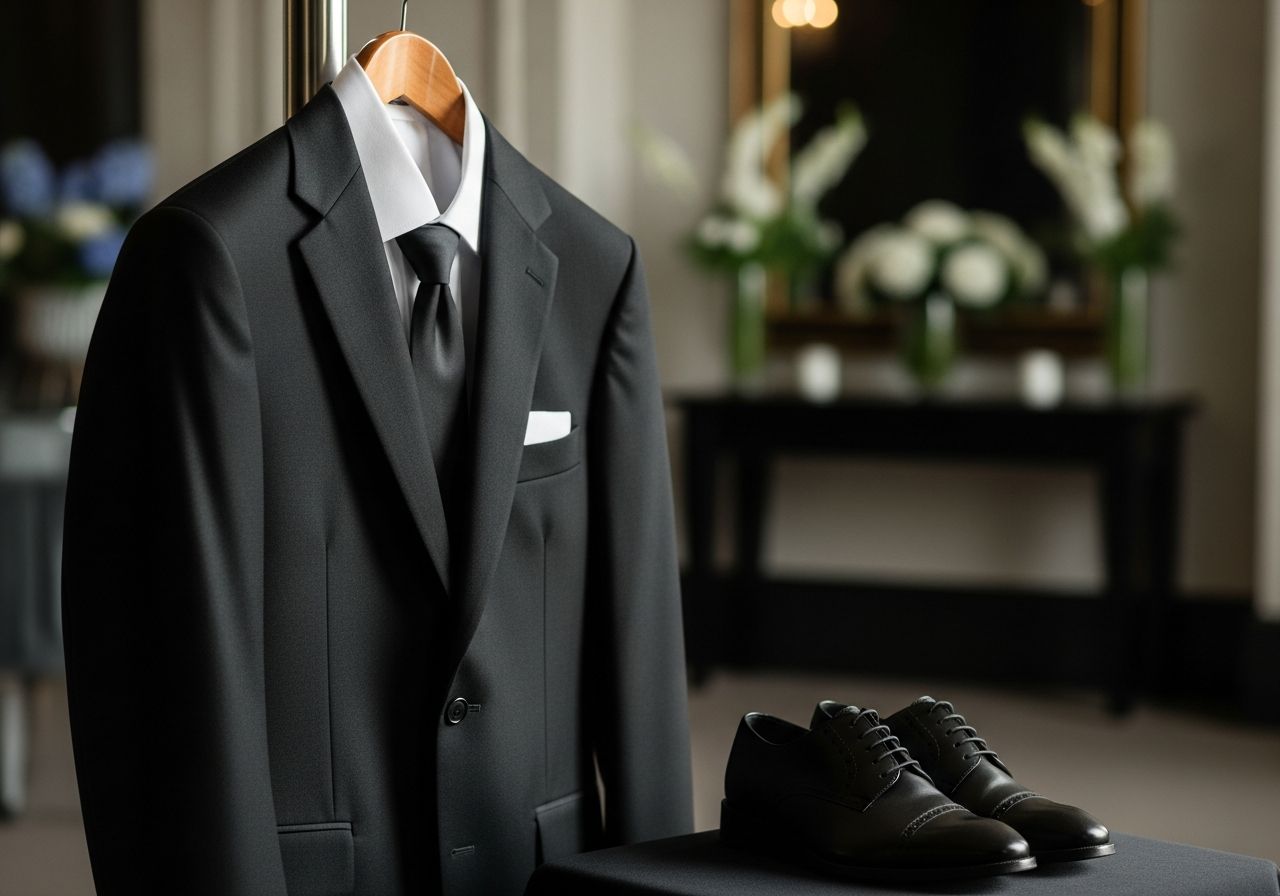 Czarny garnitur pogrzebowy na wieszaku z białą koszulą, czarnym krawatem i butami na tle eleganckiego wnętrza
