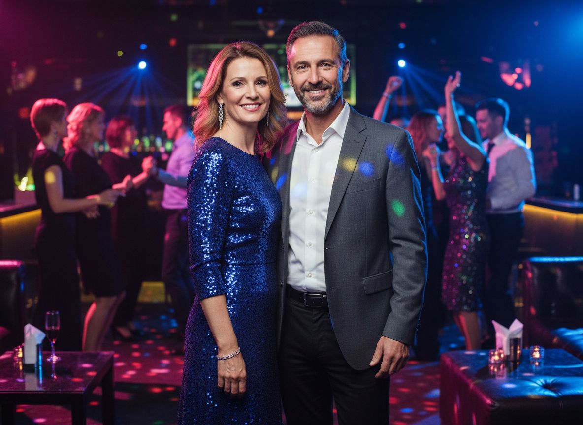 Stylowa para w eleganckich strojach bawi się w klubie nocnym przy kolorowych światłach disco